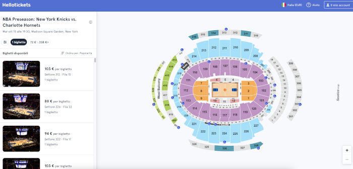 Mappa selezione posti per i New York Knicks al Madison Square Garden tramite portale Hellotickets