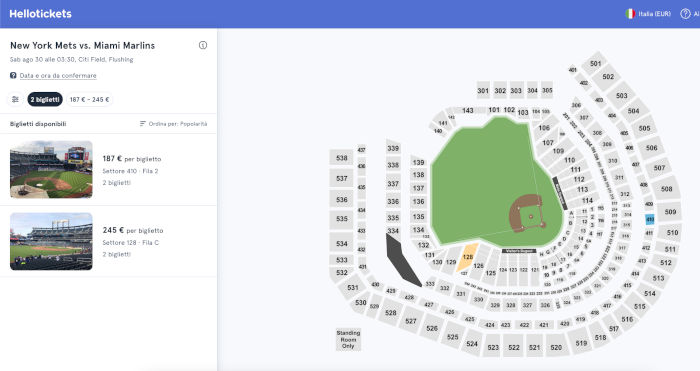 Mappa selezione posti per i New York Mets al Citi Fields tramite portale Hellotickets