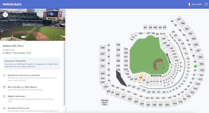 Schermata di acquisto biglietti per i NY Mets con foto della visuale allo stadio