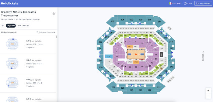 Mappa selezione posti per i Brooklyn Nets al Barclays Center tramite portale Hellotickets