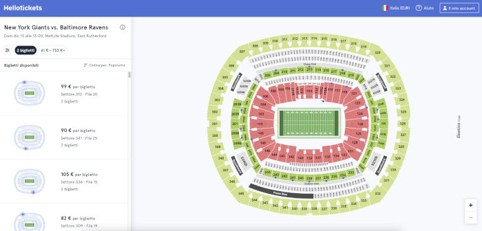 Mappa selezione posti per i New York Giants al MetLife Stadium tramite portale Hellotickets