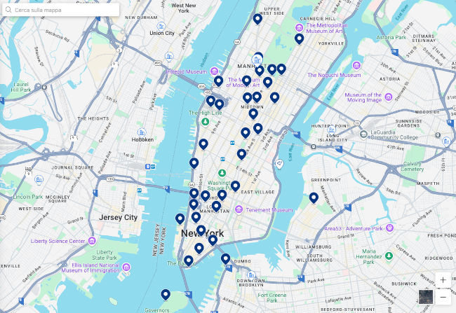 Mappa distribuzione geografica degli hotel 5 stelle in Manhattan