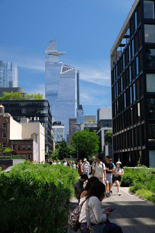 Foto della passeggiata High Line con il grattacielo The Edge nello sfondo