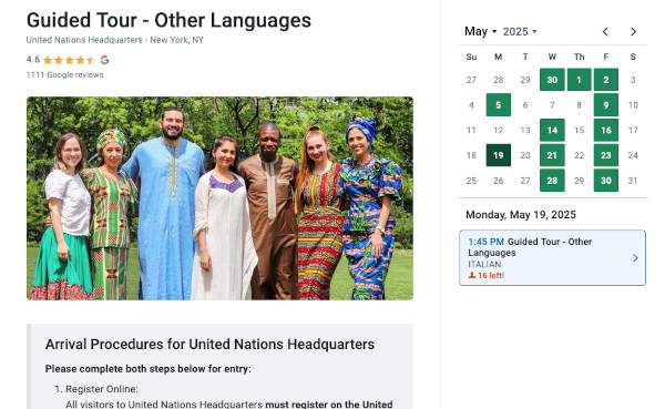 Schermata di prenotazione del tour guidato palazzo dell'ONU in lingua italiana