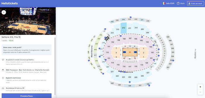 Schermata di acquisto biglietti per i NY Knicks con foto della visuale allo stadio